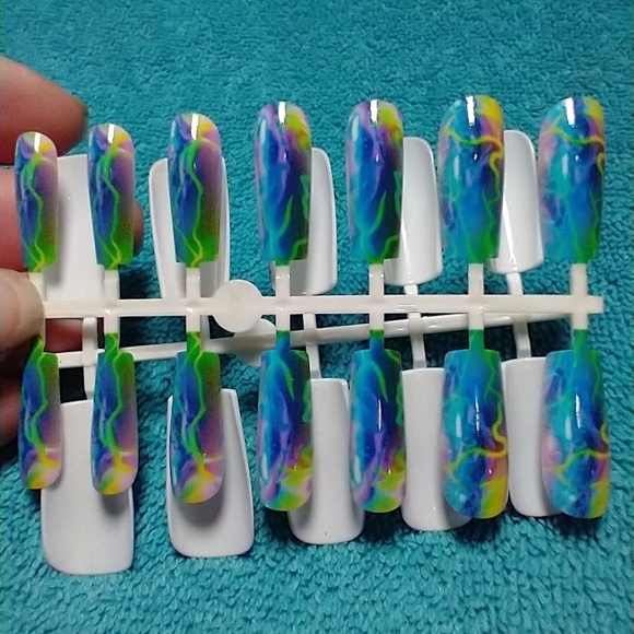 Press on nails blue purple green lightning nail set multicolor watercolor - Picture 2 of 2